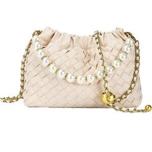 ⚡ Women's Tan Leather Dumpling Pearl Chain‎ Evening Crossbody Clutch Bag